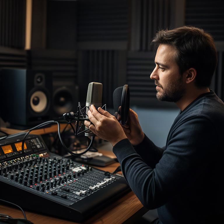 Podcast producer adjusting a microphone beside an audio console in a quiet Surrey recording room