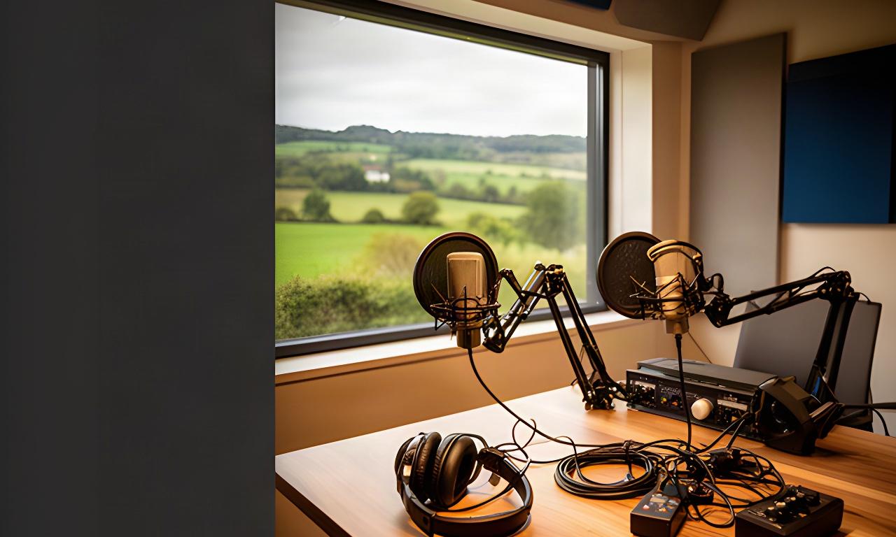 Warm podcast studio desk with headphones, microphones and a window overlooking the Surrey countryside