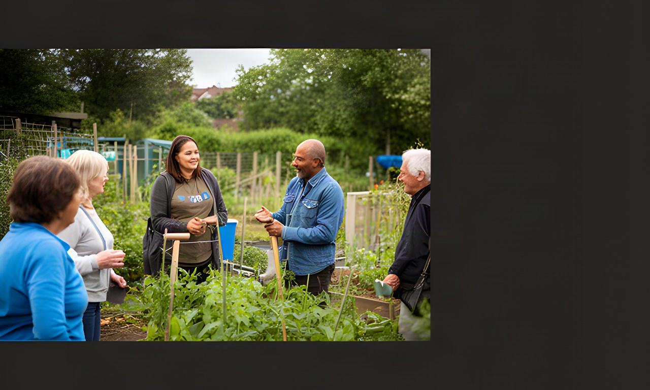 Community worker speaking with residents at an outdoor environmental project in Surrey