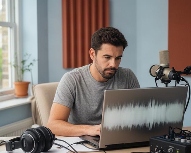 Independent podcaster editing a home recording beside studio headphones and a laptop in a Surrey study